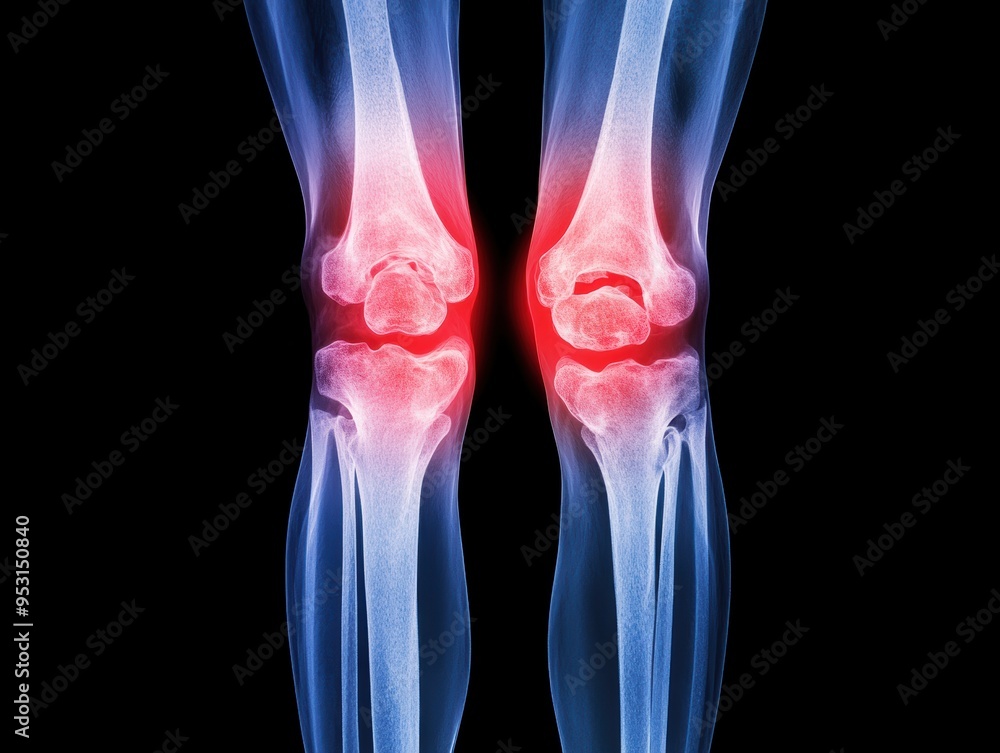 Knee Joint X-Ray Illustration Showing Inflammation and Pain, Detailed Medical View with Transparent Layers Knee Joint X-Ray Illustration Showing Inflammation and Pain, Detailed Medical View with Transparent Layers