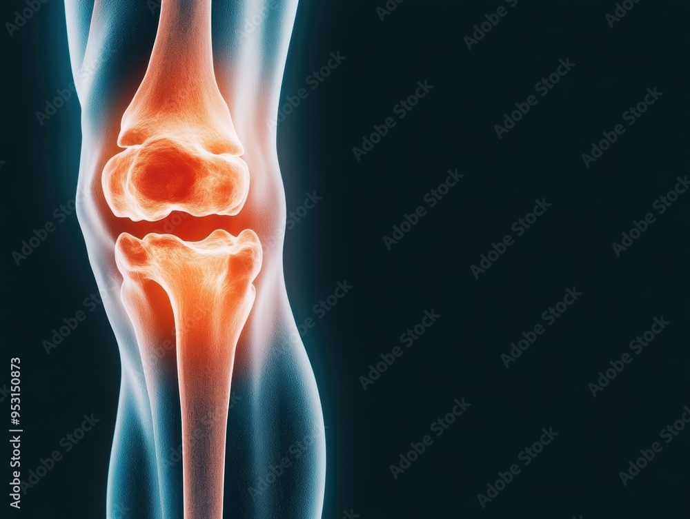 X-ray view of a human knee joint showing inflammation and pain, detailed medical illustration, transparent layers highlighting bone structure X-ray view of a human knee joint showing inflammation and pain, detailed medical illustration, transparent layers highlighting bone structure