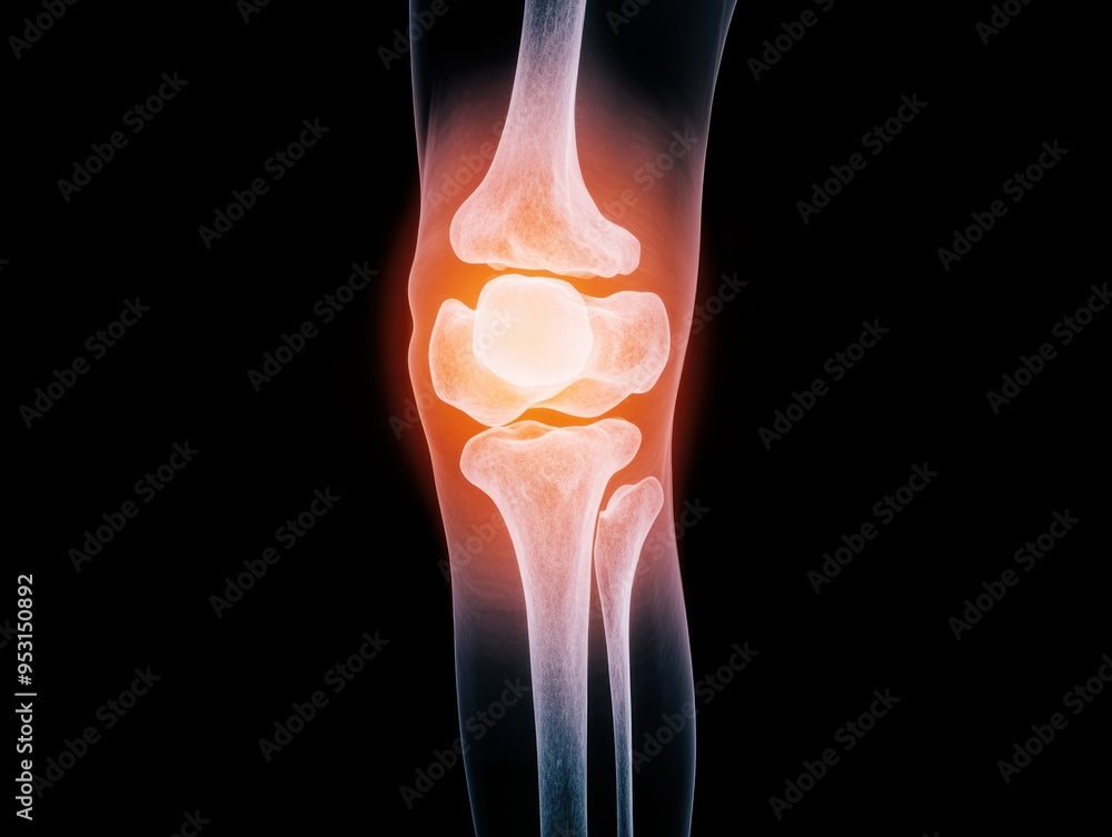 X-ray view of a human knee joint showing inflammation and pain ...