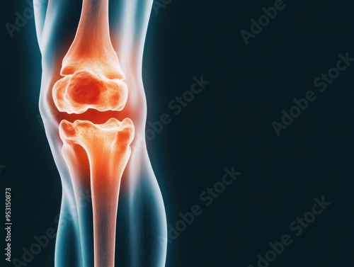 X-ray view of a human knee joint showing inflammation and pain, detailed medical illustration, transparent layers highlighting bone structure