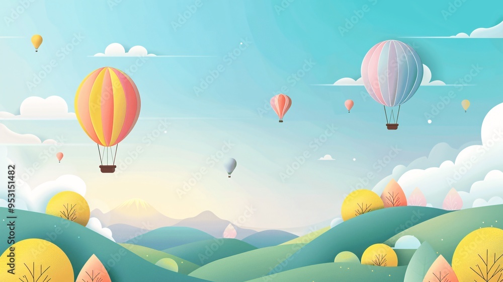 Obraz premium Colorful Hot Air Balloons Soaring Above Green Hills and Clouds