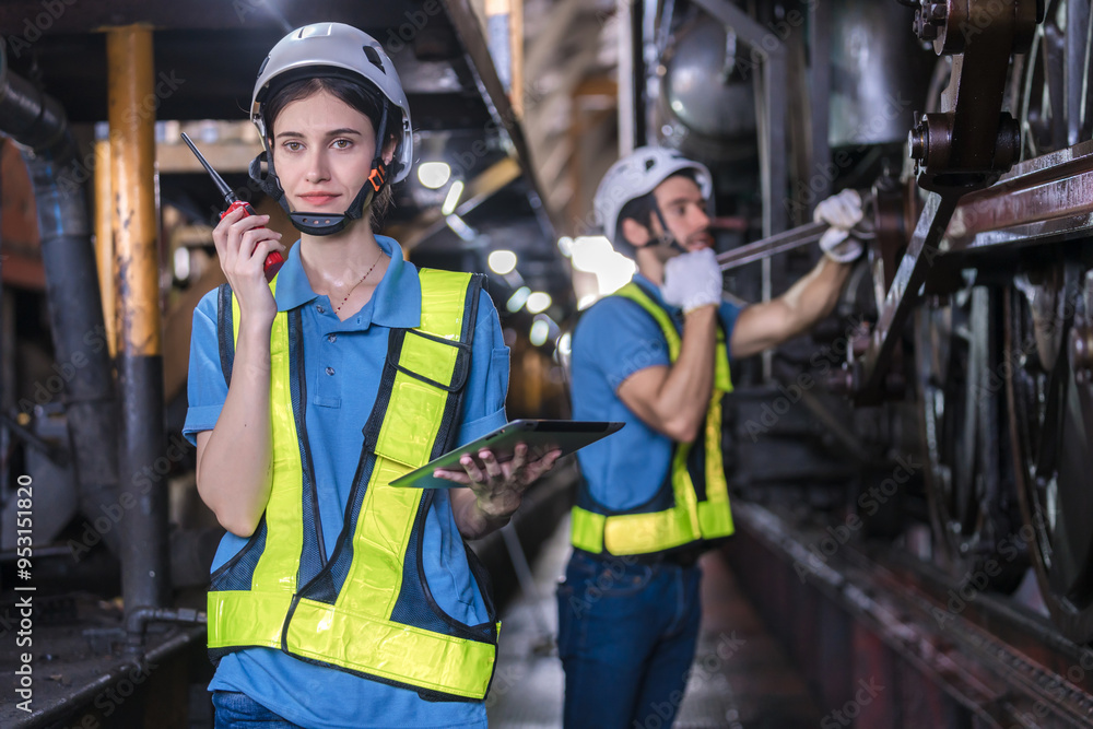 Engineer checking construction process railway and checking work on railroad station . Railway engineer checking machines in train station. Train engineer concept Engineer checking construction process railway and checking work on railroad station . Railway engineer checking machines in train station. Train engineer concept