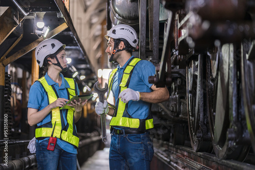 Engineer checking construction process railway and checking work on railroad station . Railway engineer checking machines in train station. Train engineer concept