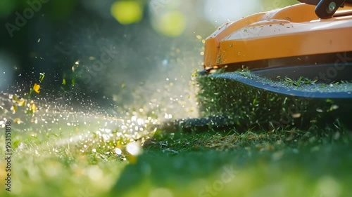 Lawn Mower Cutting Grass on Sunny Day