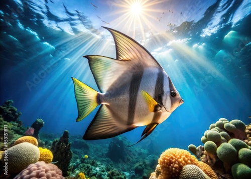 A curious batfish with large wing-like pectoral fins and a flattened body swims near a coral reef, illuminated by a warm sunbeam filtering through the ocean. photo