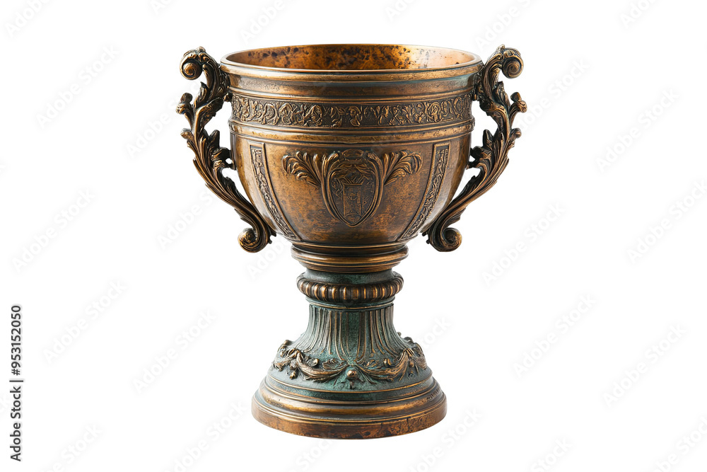 A bronze trophy with ornate details and two handles. A bronze trophy with ornate details and two handles.