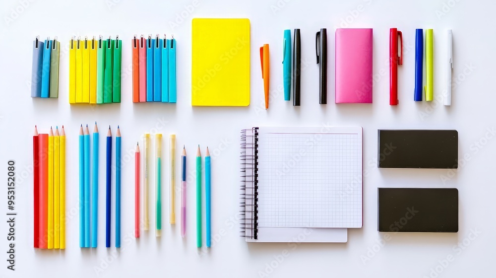 Obraz premium white background with a neatly arranged collection of office stationery such as pens, notebooks, and sticky notes.
