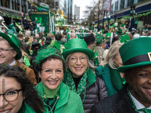 Diverse group of people celebrating St. Patrick’s Day with green attire and parades