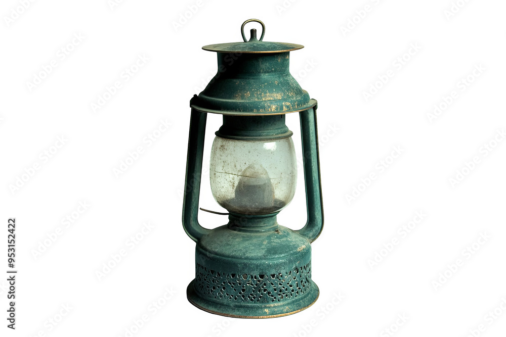 An antique oil lamp with a green metal body and glass globe, isolated on a white transparent background. An antique oil lamp with a green metal body and glass globe, isolated on a white transparent background.