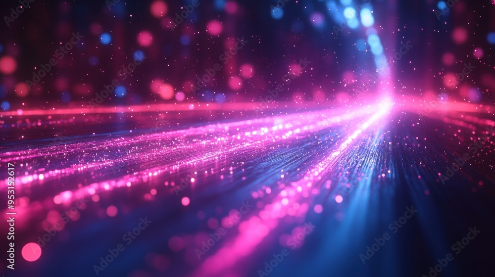 Abstract 3D animation background of gliding neon pink and blue lines with flashing lens flares. Abstract 3D animation background of gliding neon pink and blue lines with flashing lens flares.