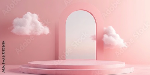 Dreamy Pink Portal: A minimalist 3D render of a pink double podium beneath an arched doorway, flanked by fluffy clouds, evokes a serene and ethereal ambiance, perfect for showcasing beauty, fashion, o photo