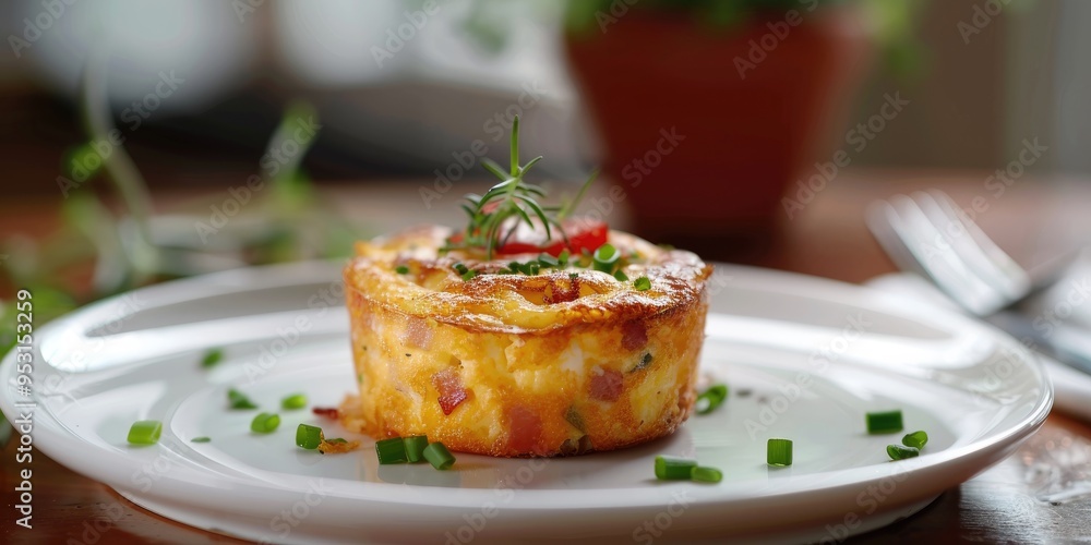 Egg muffin with bacon and cheese served on a light-colored dish. Egg muffin with bacon and cheese served on a light-colored dish.