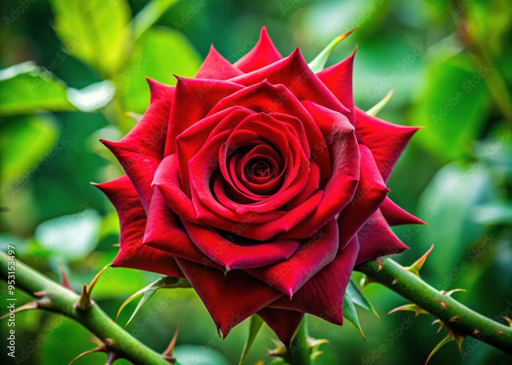 A delicate, velvety red rose with intricate petals and razor-sharp thorns bursts forth from a lush green stem, symbolizing beauty and danger in harmony. A delicate, velvety red rose with intricate petals and razor-sharp thorns bursts forth from a lush green stem, symbolizing beauty and danger in harmony.