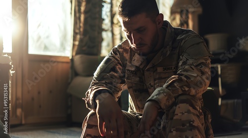 A soldier sits in contemplation, reflecting on his thoughts in a sunlit room.