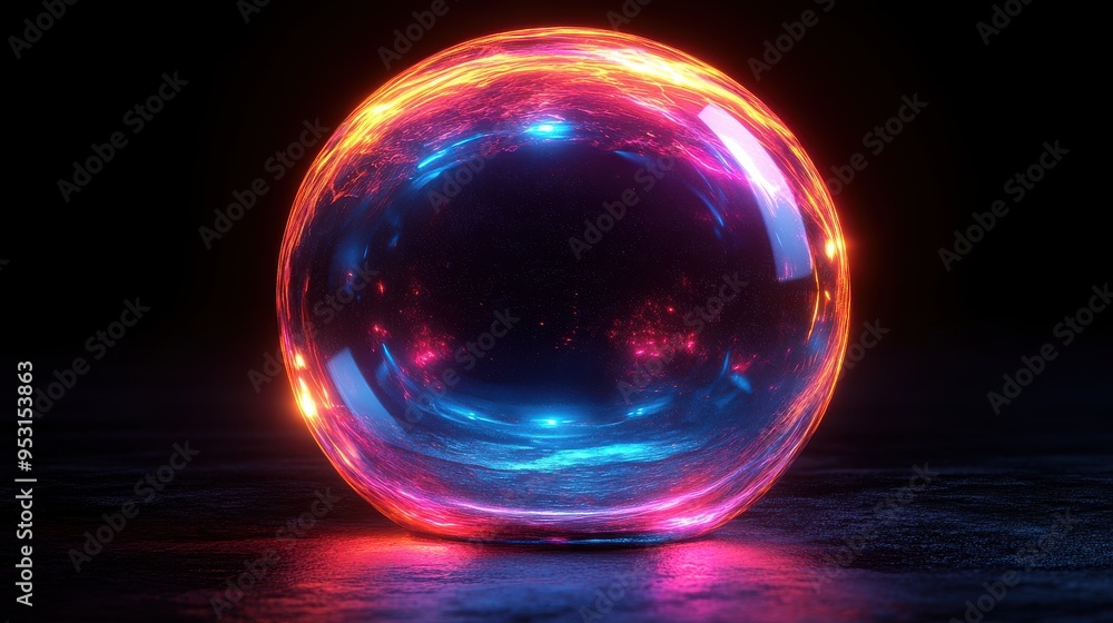 Iridescent glass spherical shape reflecting neon light, spinning in the dark, a simple geometric aesthetic virtual molecule, holographic object, isolated on a black background. Iridescent glass spherical shape reflecting neon light, spinning in the dark, a simple geometric aesthetic virtual molecule, holographic object, isolated on a black background.