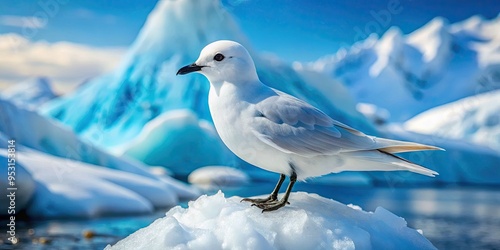 A delicate white Snow Petrel bird with black beak and eyes perches on a rocky Antarctic landscape, surrounded by icy blue waters and snow-capped mountains. photo