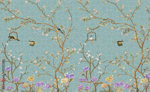 3d wallpaper design with little flowers,country style branches and flowers and birds for mural print