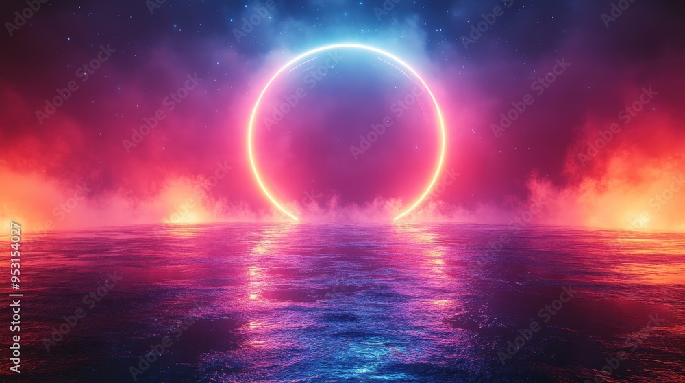 Colorful 3D abstract neon geometric clouds spin around the glowing round frame in a futuristic minimalist looping animation wallpaper. Colorful 3D abstract neon geometric clouds spin around the glowing round frame in a futuristic minimalist looping animation wallpaper.