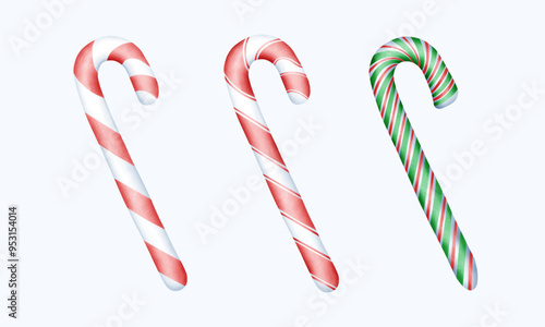 Hand Drawn Watercolor Christmas Candy Cane Illustration with Red and Green Stripes and Festive Bows