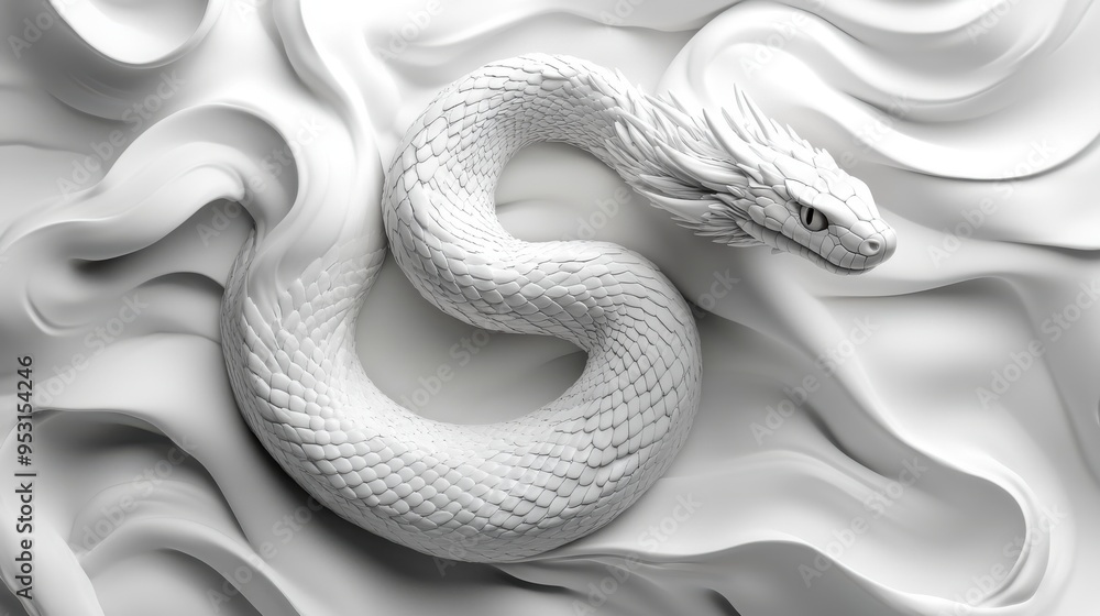 Obraz premium Endless looping 3D animation of an abstract knotted albino snake moving over a white background, showcasing a video texture of dragon scales in motion.