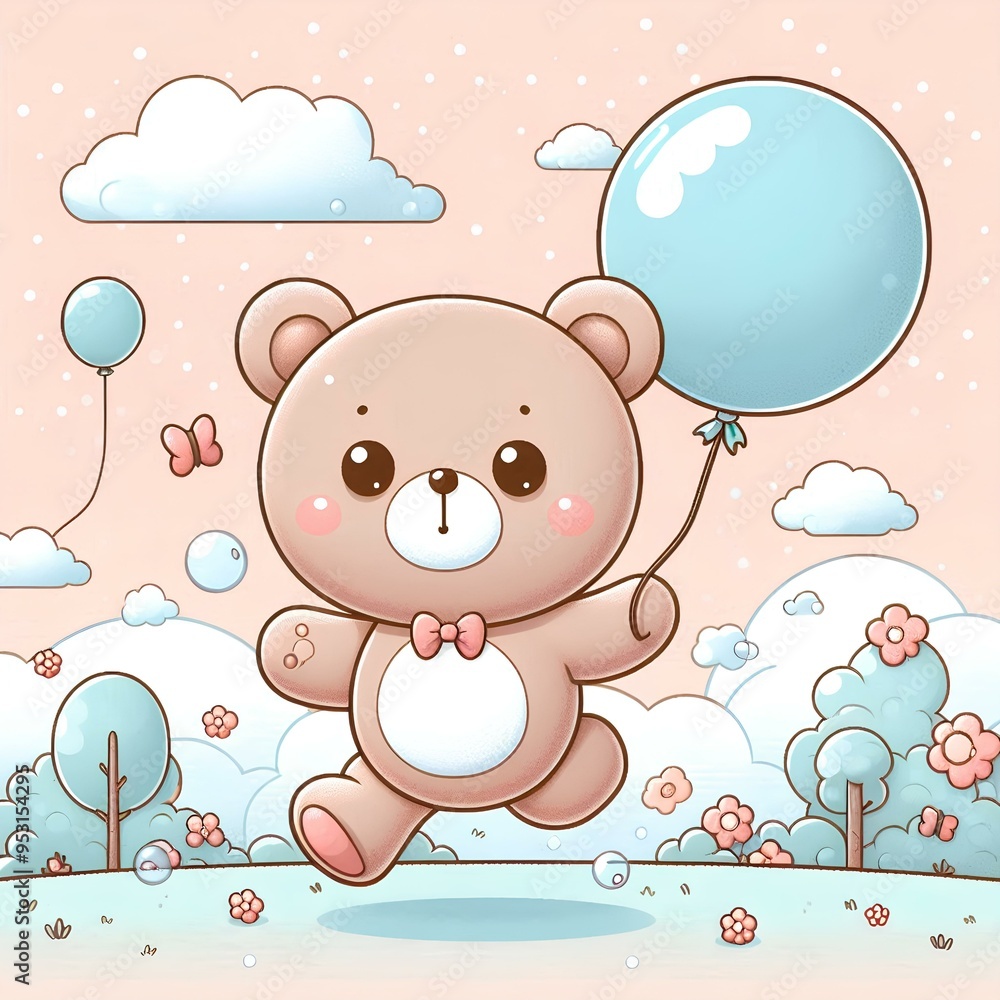 Naklejka premium Teddy bear run floating with a bubble balloon cute toy.