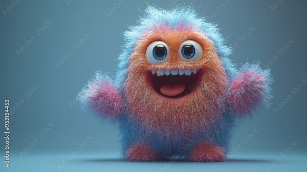 Colorful furry monster mascot dancing in a funny 3D animation on a violet blue background. Colorful furry monster mascot dancing in a funny 3D animation on a violet blue background.