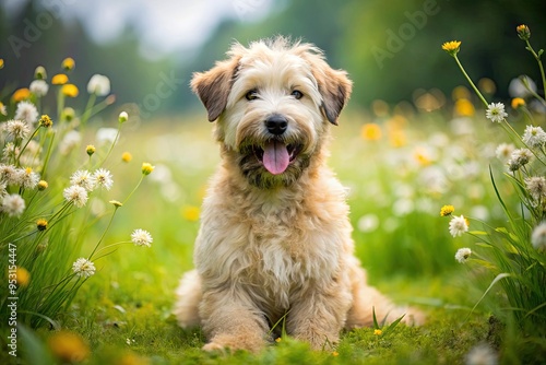 Adorable fluffy Wheaten Terrier puppy sits on a green meadow, surrounded by blooming wildflowers, smiling brightly with its tongue out and ears flapping.