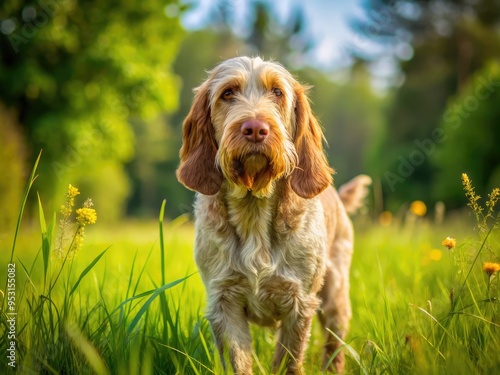 Adorable rusty-brown Spinone Italiano dog with floppy ears and wagging tail explores a lush green meadow on a sunny summer afternoon. photo