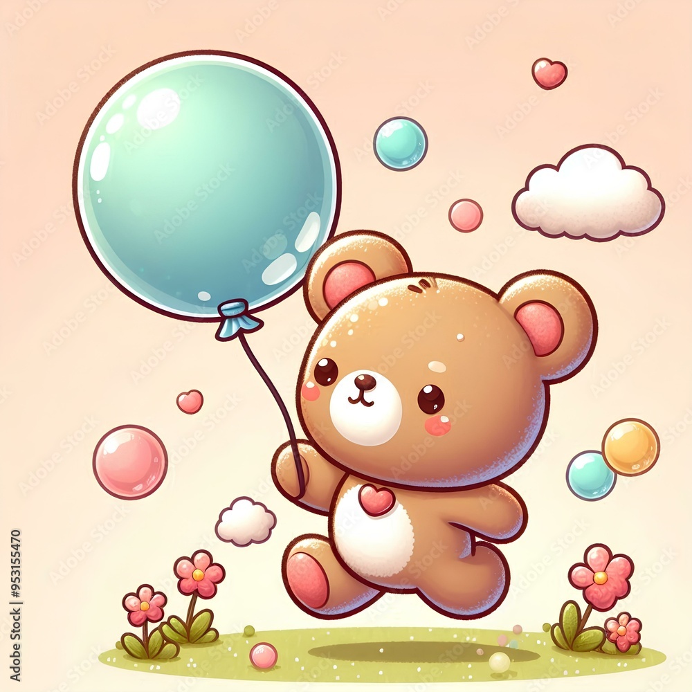 Teddy bear run floating with a bubble balloon cute toy. Teddy bear run floating with a bubble balloon cute toy.