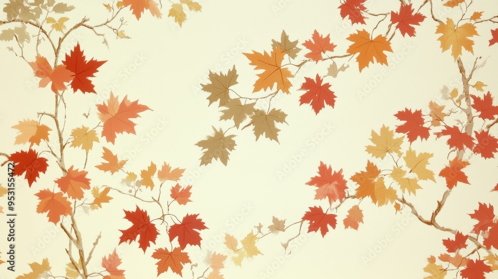A classic North American wallpaper with a repeating pattern of maple leaves in autumnal shades of red, orange, and gold on a cream background. The design is concentrated along the top and bottom A classic North American wallpaper with a repeating pattern of maple leaves in autumnal shades of red, orange, and gold on a cream background. The design is concentrated along the top and bottom