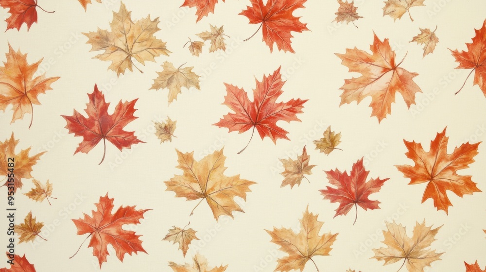 A classic North American wallpaper with a repeating pattern of maple leaves in autumnal shades of red, orange, and gold on a cream background. The design is concentrated along the top and bottom A classic North American wallpaper with a repeating pattern of maple leaves in autumnal shades of red, orange, and gold on a cream background. The design is concentrated along the top and bottom