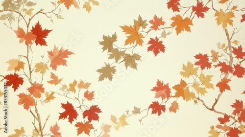 A classic North American wallpaper with a repeating pattern of maple leaves in autumnal shades of red, orange, and gold on a cream background. The design is concentrated along the top and bottom
