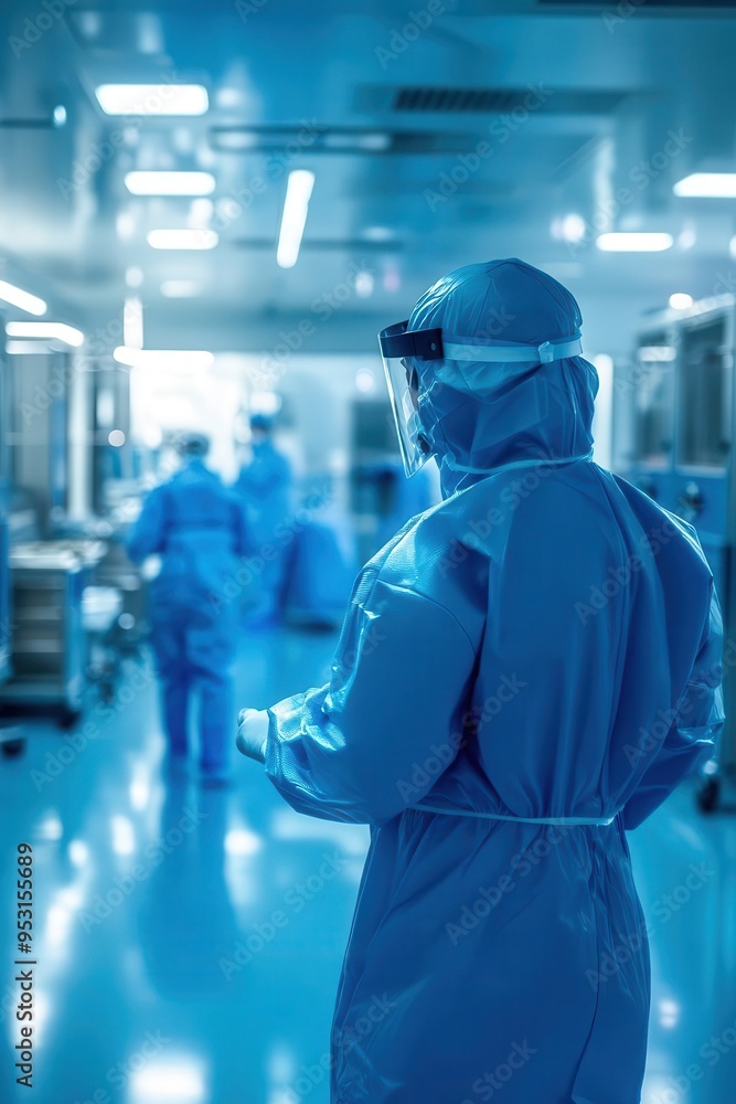 Medical staff wearing protective gear in a sterile hospital environment, focusing on patient care and safety protocols. Medical staff wearing protective gear in a sterile hospital environment, focusing on patient care and safety protocols.