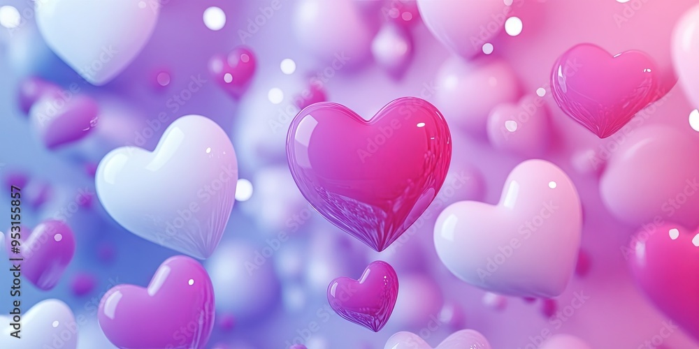Floating Hearts: A whimsical, dreamlike backdrop of pink and white 3D hearts, swirling against a soft blue and purple gradient, conveying feelings of love, joy, and romance. Floating Hearts: A whimsical, dreamlike backdrop of pink and white 3D hearts, swirling against a soft blue and purple gradient, conveying feelings of love, joy, and romance.