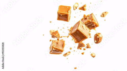 A dynamic splash of caramel cubes and crushed nuts on a white background.