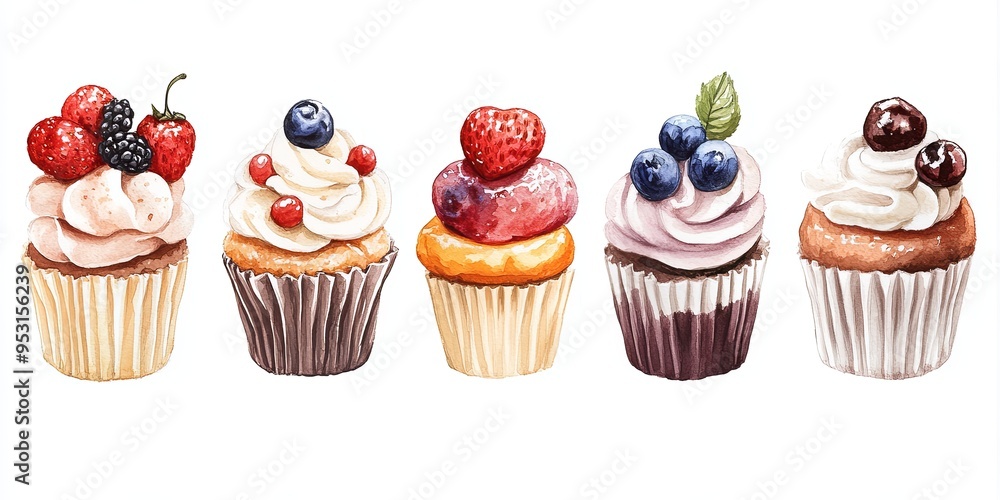 Sweet and Colorful Cupcake Pattern: A delightful flat lay showcasing an assortment of colorful cupcakes adorned with various toppings, including blueberries, raspberries, and sprinkles. Sweet and Colorful Cupcake Pattern: A delightful flat lay showcasing an assortment of colorful cupcakes adorned with various toppings, including blueberries, raspberries, and sprinkles.