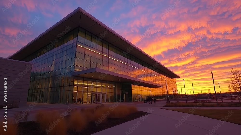 Modern building illuminated by a vibrant sunset, showcasing sleek architecture. Modern building illuminated by a vibrant sunset, showcasing sleek architecture.