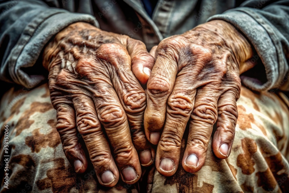 Aged skin details revealed in a tight close-up of wrinkled hands, showcasing deep creases, liver spots, and worn flesh, telling a story of time and experience. Aged skin details revealed in a tight close-up of wrinkled hands, showcasing deep creases, liver spots, and worn flesh, telling a story of time and experience.