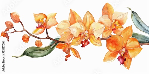Fototapeta Naklejka Na Ścianę i Meble -  Orange Orchid Watercolor Border