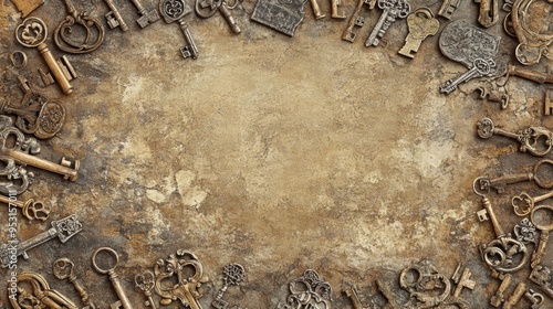 A richly detailed North American wallpaper with a repeating pattern of antique keys in muted earth tones. The design is concentrated along the edges, leaving a large blank space in the center for photo