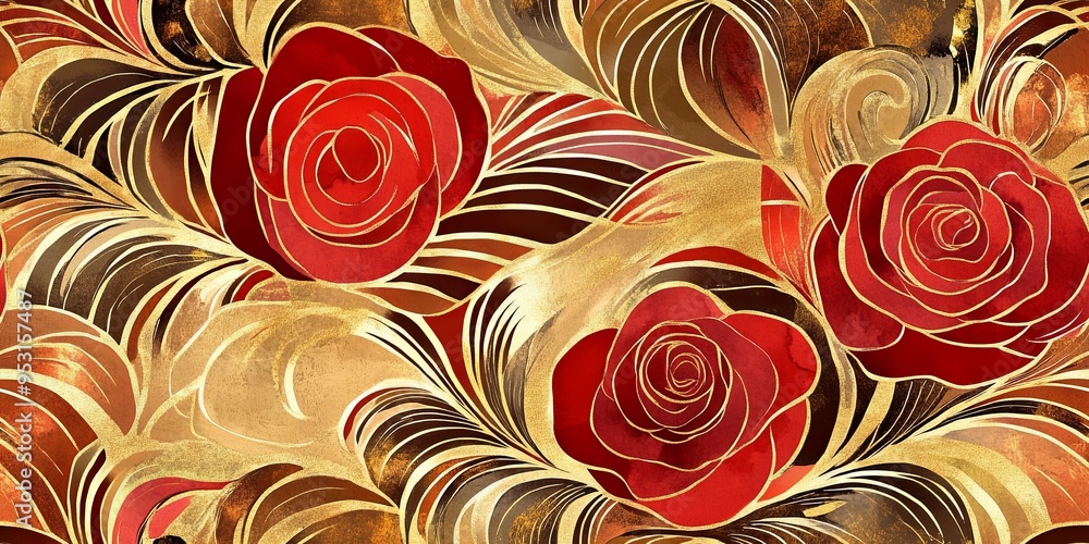 watercolor art nouveau roses art deco pattern, in red and gold colors. Crimson Romance: A timeless pattern of lush red roses entwined with golden leaves on a deep red backdrop. watercolor art nouveau roses art deco pattern, in red and gold colors. Crimson Romance: A timeless pattern of lush red roses entwined with golden leaves on a deep red backdrop.