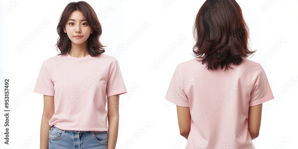 Front and back view, Japanese female model wearing plain pink t-shirt, mock up, isolated on white background, Ai generated images Front and back view, Japanese female model wearing plain pink t-shirt, mock up, isolated on white background, Ai generated images