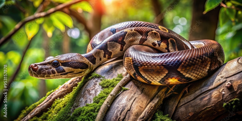 A large, dark brown boa constrictor snake coils around a tree branch, its scaly body glistening in the dappled forest light, its eyes alert. A large, dark brown boa constrictor snake coils around a tree branch, its scaly body glistening in the dappled forest light, its eyes alert.