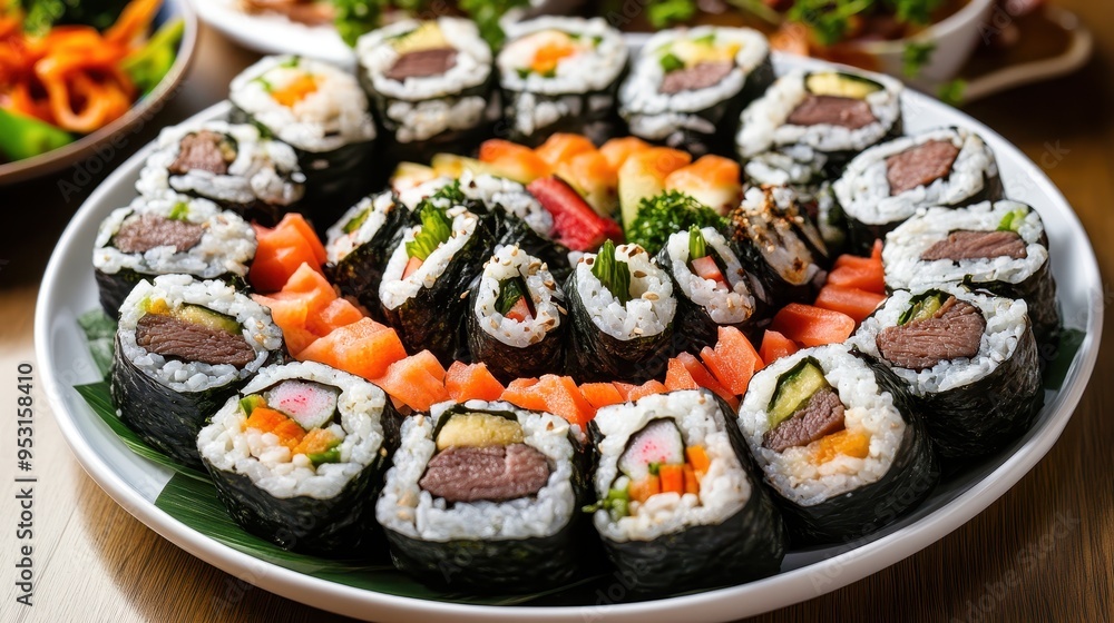 Korean Kimbap Platter with Marinated Beef and Vegetables
Korean Kimbap Platter with Marinated Beef and Vegetables