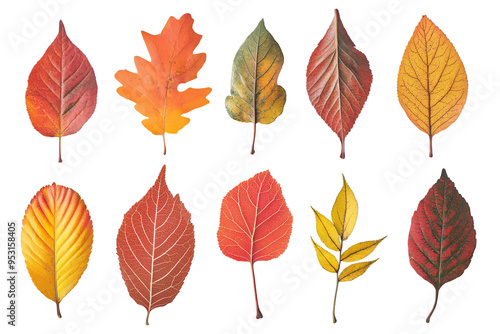A collection of twelve autumn leaves in various shades of red, orange, yellow and green, isolated on a white transparent background.
