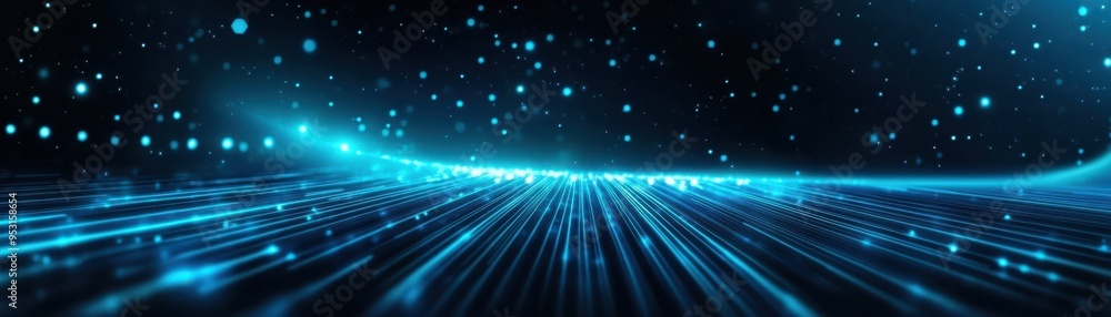 Fototapeta premium Futuristic blue light trails and particles on a dark background, perfect for technology, sci-fi, or digital themes.