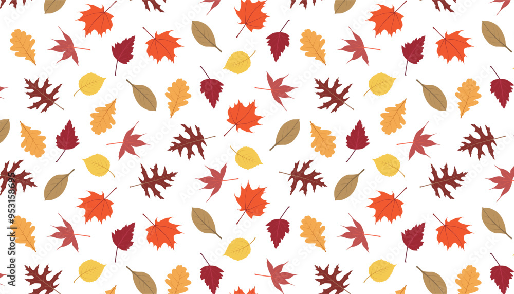 A seamless pattern made up of seven different types of autumn leaves. A seamless pattern made up of seven different types of autumn leaves.