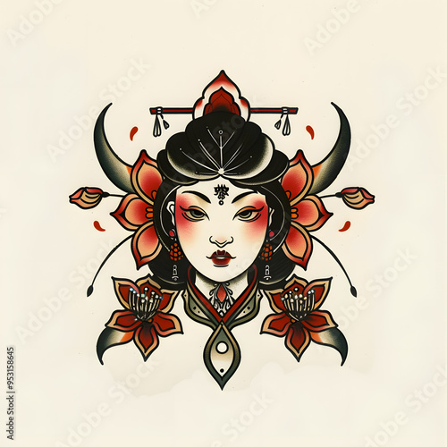 Yuki onna head very simple traditional tattoo flash styles illustration photo