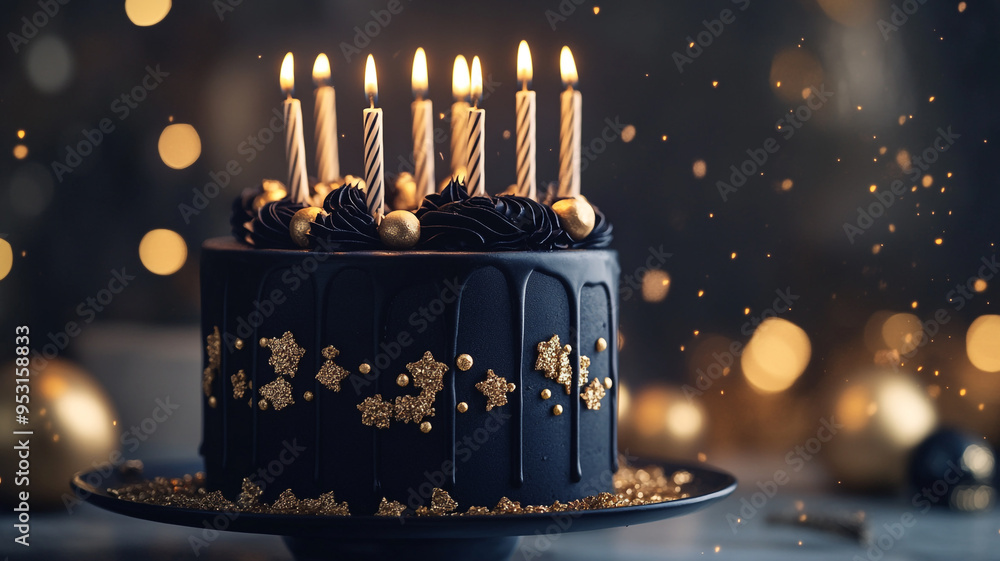 Fototapeta premium An elegant black birthday cake adorned with golden decorations and candles, perfect for a festive celebration at night