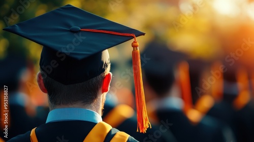 Graduation ceremony with graduate in cap and gown, sunlight shining, celebrating achievement and academic success.